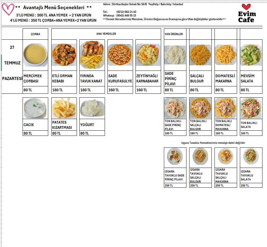 Evim Cafe Gunluk Menu